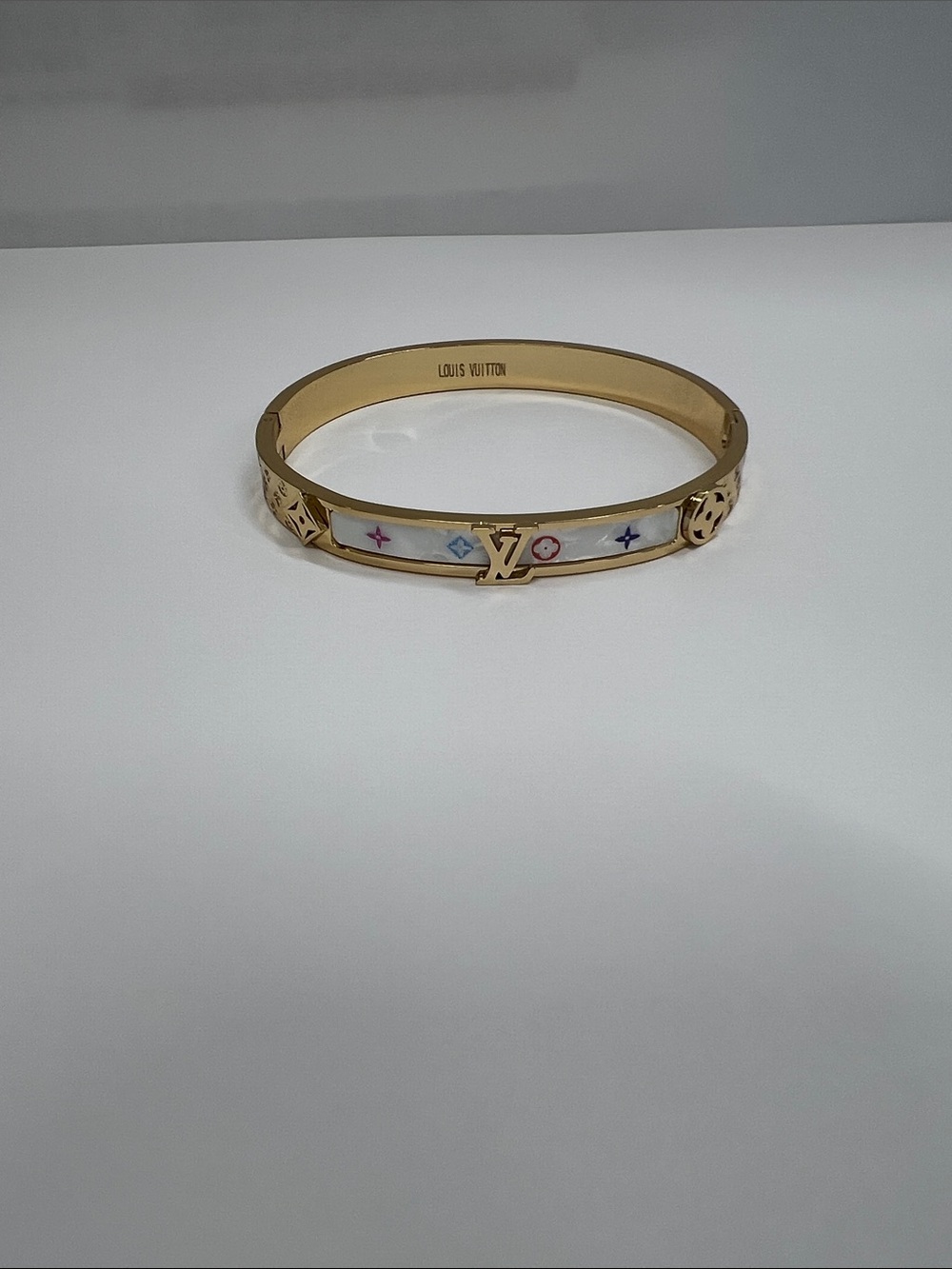 Louis Vuitton Gold and White Enamel Bangle with Multicolor Monogram